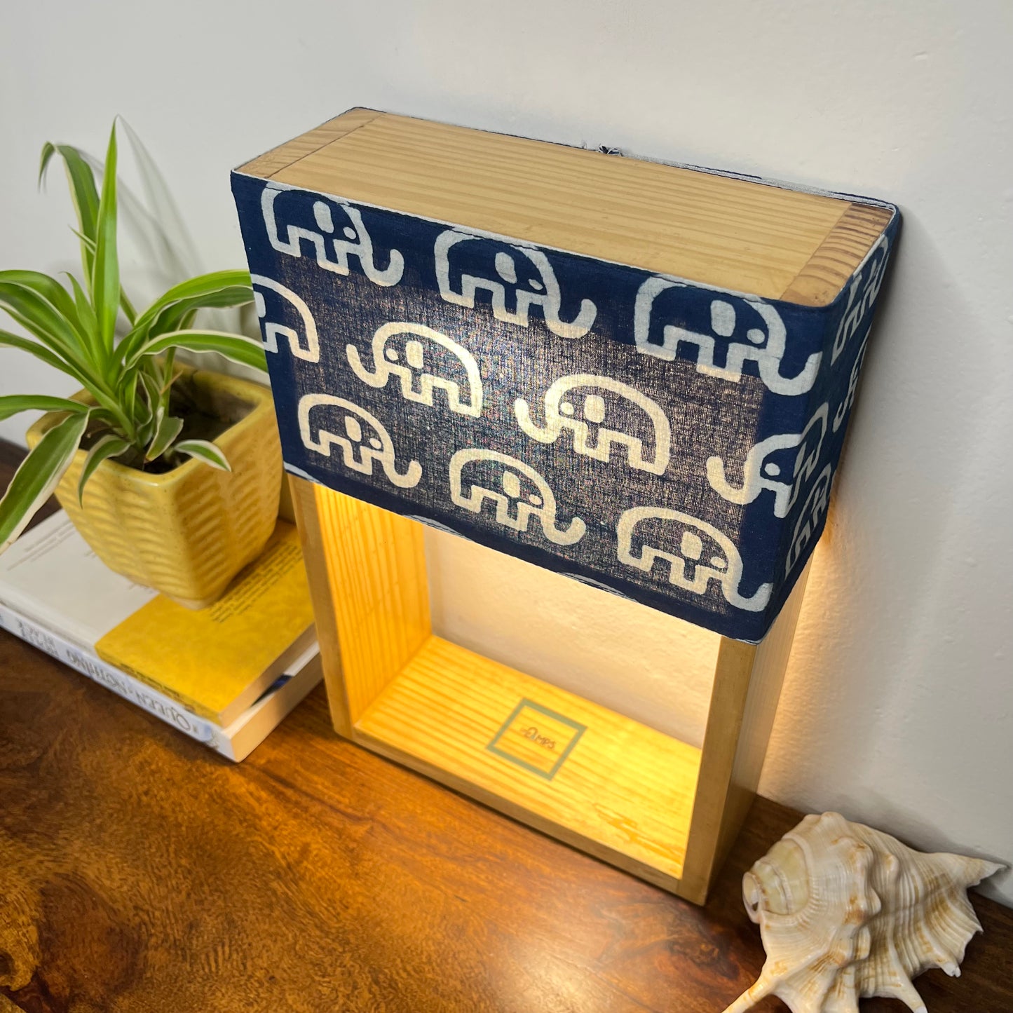 Pine Glow Indigo Haathi Table Lamp – Block Print Cotton Lampshade