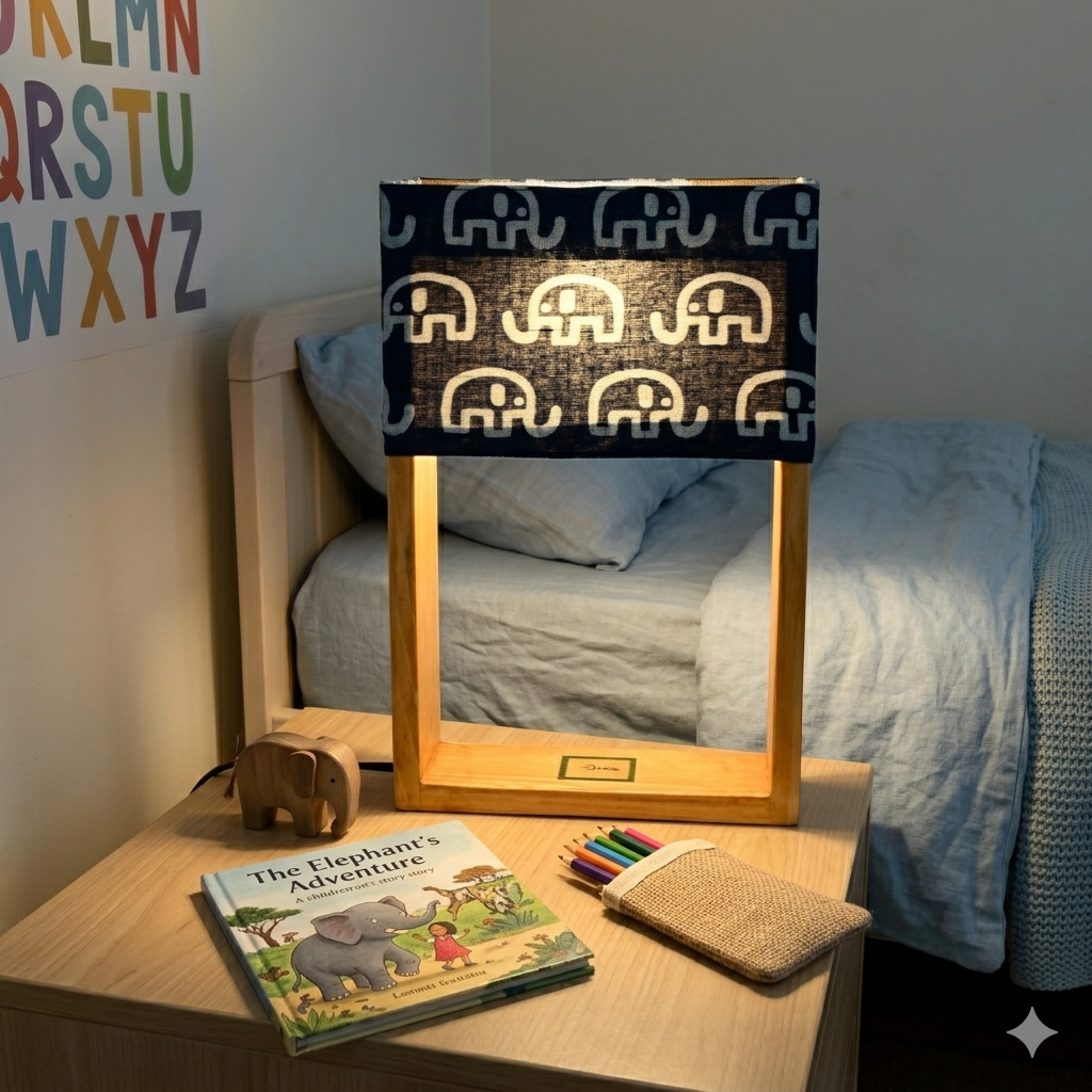Pine Glow Handmade Wooden Table Lamp | Indigo Elephant Block Print Washable Lampshade | Repurposed Pine Wood | Eco-Friendly Bedside Lamp for kids room| Interchangeable Shade | Unique Home Decor Gift