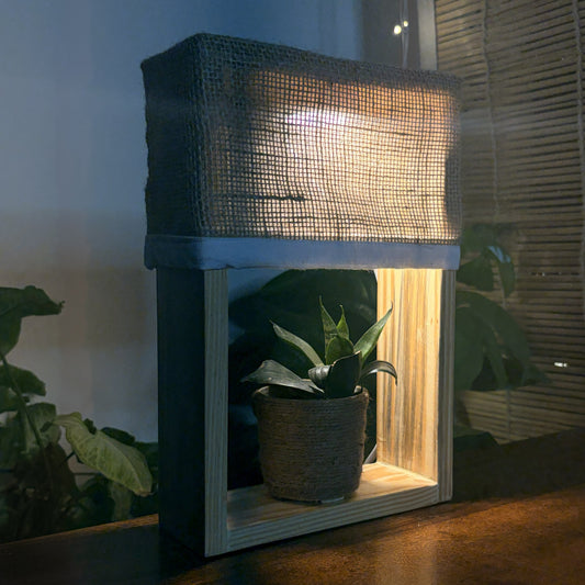Rustic Twine – Jute Table Lamp with Real Snake Plant (jute-wrapped pot)