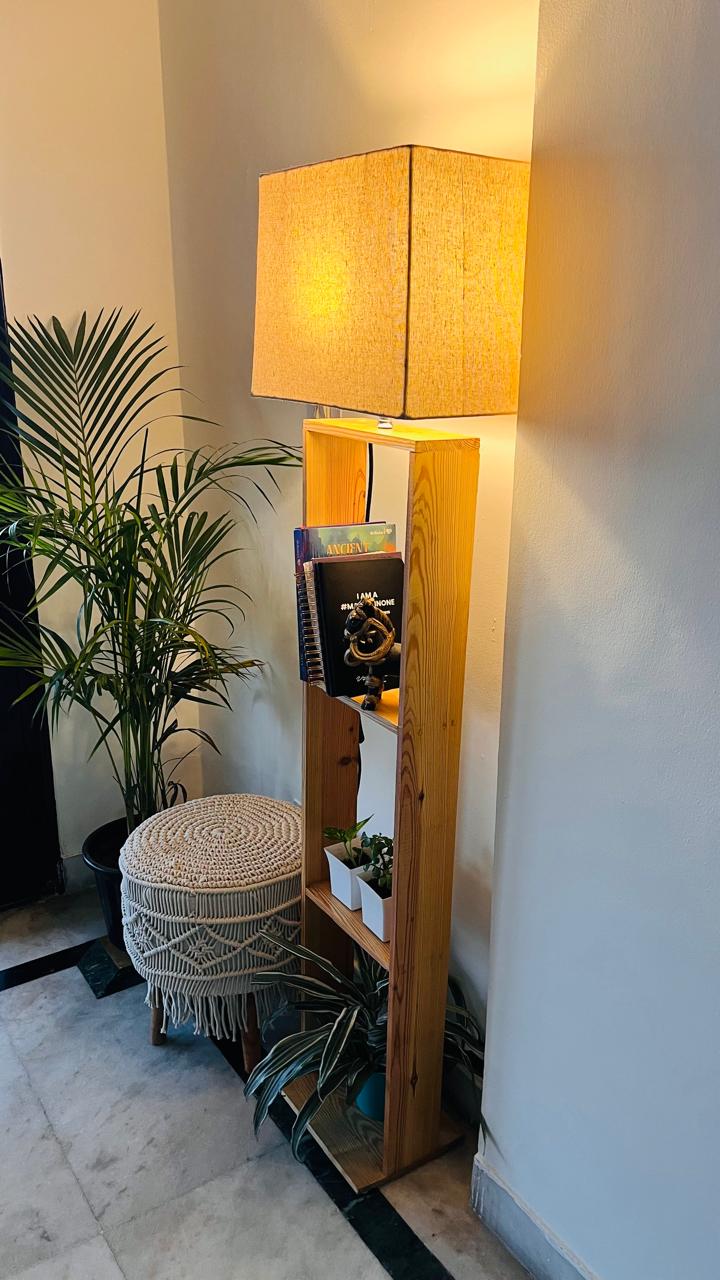 Pine Wood Book Shelf Floor Lamp with Shelves (5 feet Total Height)