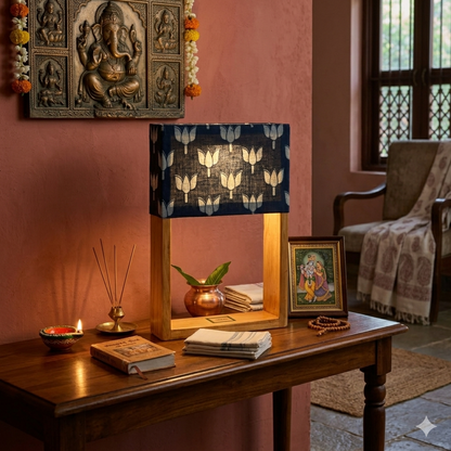 Pine Glow Neel Kamal Table Lamp with Hand block-printed Lotus Motif  Washable shade